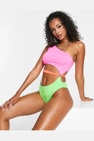 ASOS One shoulder cut out ring detail swimsuit in neon colour block