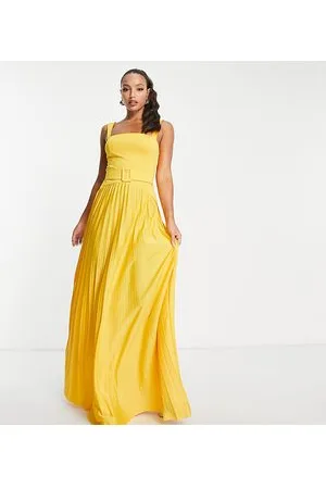 ASOS ASOS DESIGN Tall square neck dropped waist belted pleat maxi dress in marigold