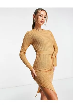Brave Soul Eddie knitted dress with slit in spiced camel
