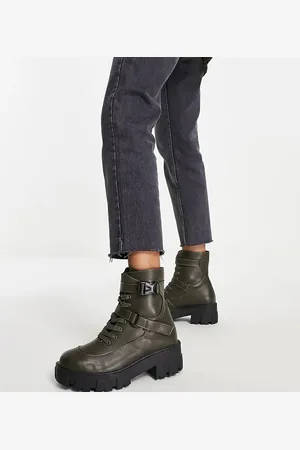 Glamorous Lace up flat ankle boots with buckles in olive