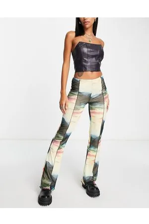 ONLY Neon & Nylon frill hem mesh flared trousers in abstract print