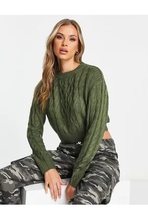 Brave Soul Tally cropped cable knit jumper in khaki