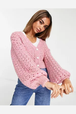 Miss Selfridge Metallic open knit cardigan with pearl buttons in
