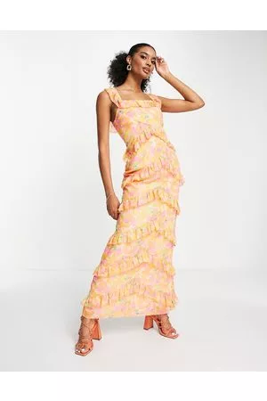 Pretty Lavish Cecile ruffle maxi dress in orange and pink abstract floral