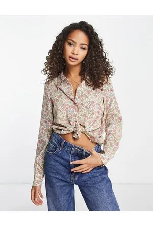 Monki button front shirt in pastel swirl print plisse