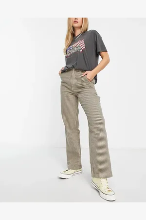 Monki Twill straight leg trousers in beige and grey stripe