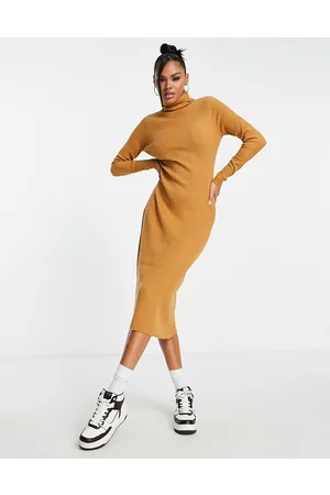 Brave Soul Rebecca high neck knitted midi dress in camel
