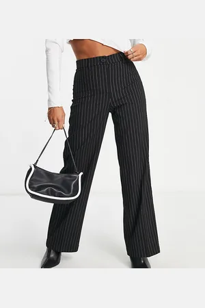 Bershka Petite wide leg slouchy dad tailored trousers in pinstripe