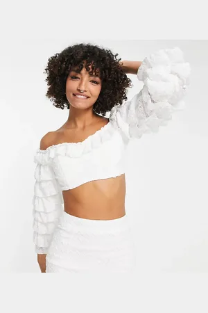 In The Style X Yasmin Devonport exclusive lace frill sleeve detail crop top co-ord in