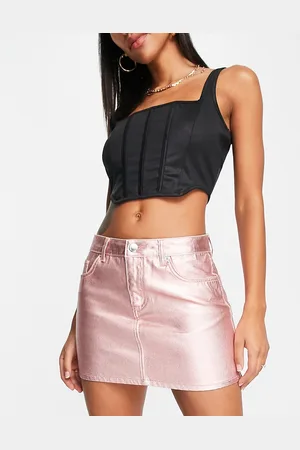 Miss Selfridge Metallic denim micro mini skirt in pink