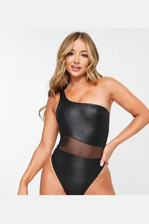 VAI21 One shoulder swimsuit with mesh panel in shiny