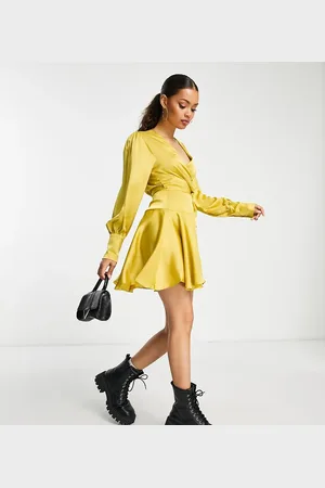 Glamorous Ruffle detail wrap dress in chartreuse satin