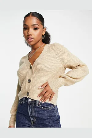 JDY V neck ribbed cardigan in beige