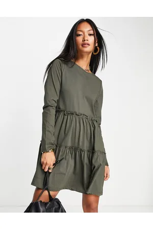 River Island Long sleeved tiered smock mini t-shirt dress in khaki