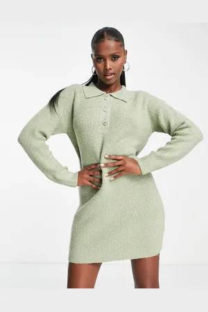 Brave Soul Radu knitted polo jumper dress in sage