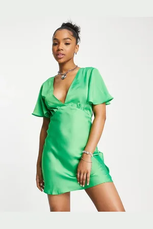 Stradivarius V neck satin tea dress in