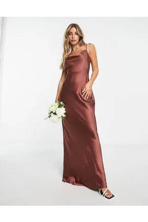 Pretty Lavish Bridesmaid Keisha cowl neck satin maxi dress in chestnut brown