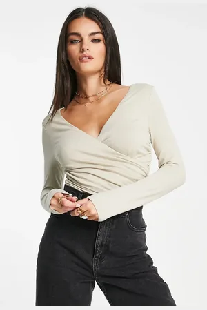 ASOS Wrap long sleeve bodysuit in stone