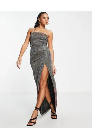 Missyempire Strappy maxi dress with high thigh spilt in mermaid glitter gold