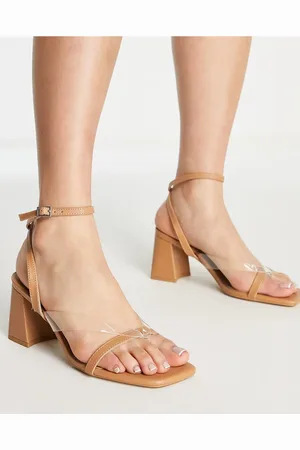 Bershka Mid heeled thong sandal with clear strap in camel