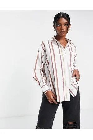 ASOS Dipped hem dad shirt in chocolate & wine stripe
