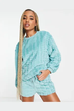 ASOS Lounge crimped faux fur sweat & short set in aqua