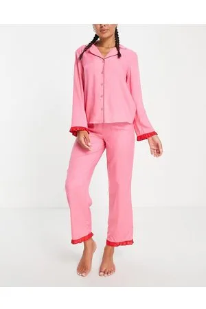 ASOS Mix & match modal pyjama shirt with contrast frill in & red