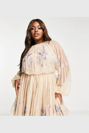 ASOS Curve floral embroidered mesh mini dress with blouson sleeve in pale