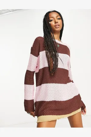 Daisy Street Oversized open knit jumper in brown pink stripe