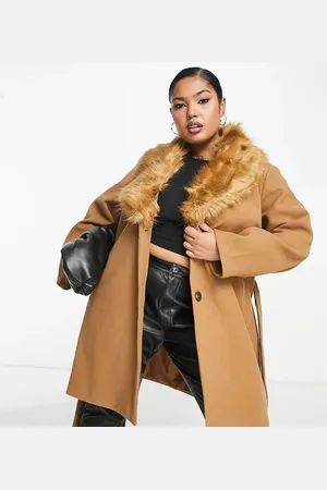 VILA Belted coat with fur collar in camel