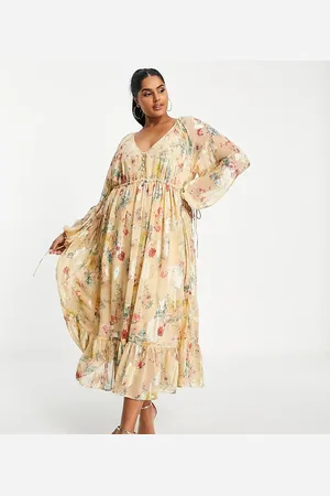 ASOS ASOS DESIGN Curve button detail smock maxi dress in printed floral metallic jacquard