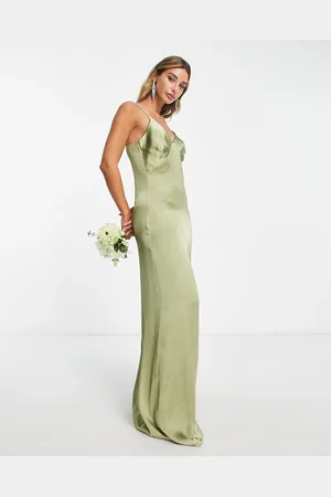 Pretty Lavish Bridesmaid Ines empire satin maxi dress in soft olive