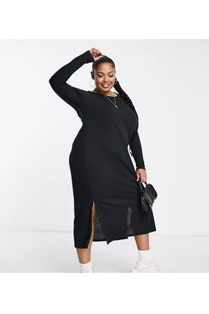 Yours Ribbed square neck midi dress with side split in
