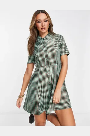 VILA Jacquard shirt mini dress in green and brown check