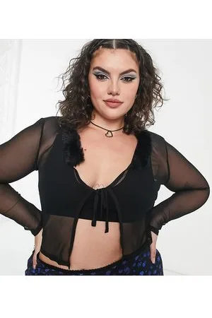 COLLUSION Plus fur trim long sleeve mesh top in