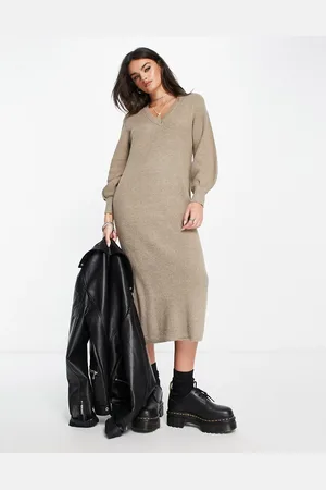 Object Knitted midi jumper dress with balloon sleeves in taupe