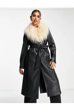 Stradivarius Faux leather fur trim maxi coat in black