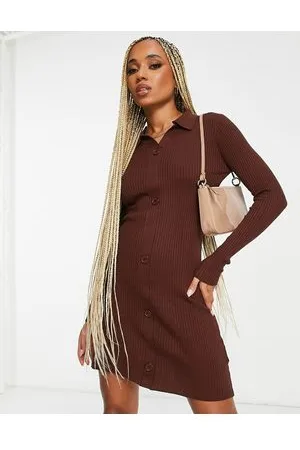 Threadbare Rhia button down mini jumper dress in chocolate