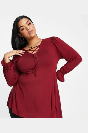 Yours Exclusive lace up top in burgundy