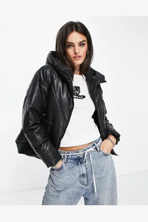 ONLY Padded faux leather jacket with hood in