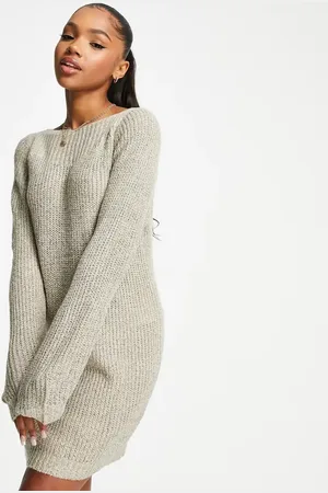 JDY Wide neck knitted mini jumper dress in beige