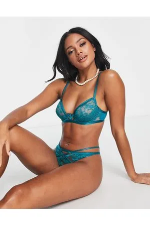 Ann Summers After Hours metallic embroidered lace and mesh non padded bra  with hardware detail in teal