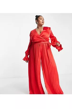 In The Style Satin wrap detail pleated wide leg jumpsuit with belt in
