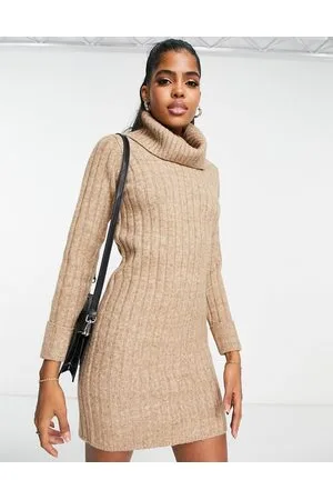 Miss Selfridge Rib roll neck mini dress in mocha