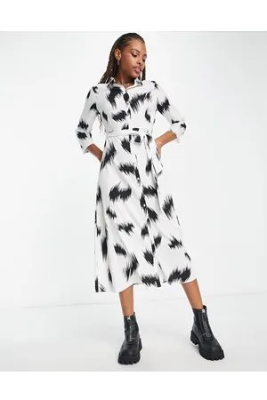 Pieces® Exclusive midi button through shirt dress in white & black print