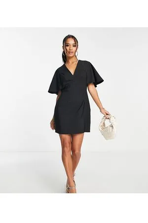 ASOS ASOS DESIGN Petite v neck mini dress with fluted sleeve in