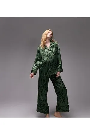Topshop Maternity Abstract Tiger Print Satin Piped Shirt And Trouser Pyjama  Set In Green for Women