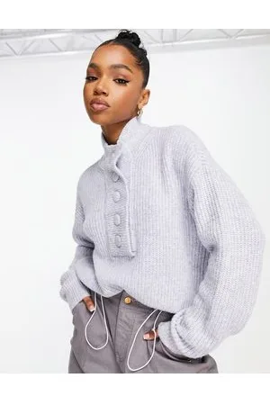 Pieces® Textured high neck button detail jumper in marl