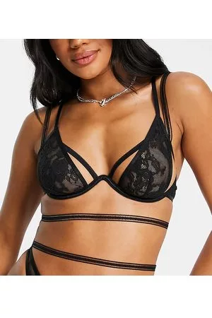 Lost Ink Women Transparent underwear - Floral mesh monowire plunge bra with strapping detail in