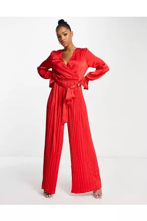 In The Style Women Jumpsuits - Satin wrap detail pleated wide leg jumpsuit with belt in